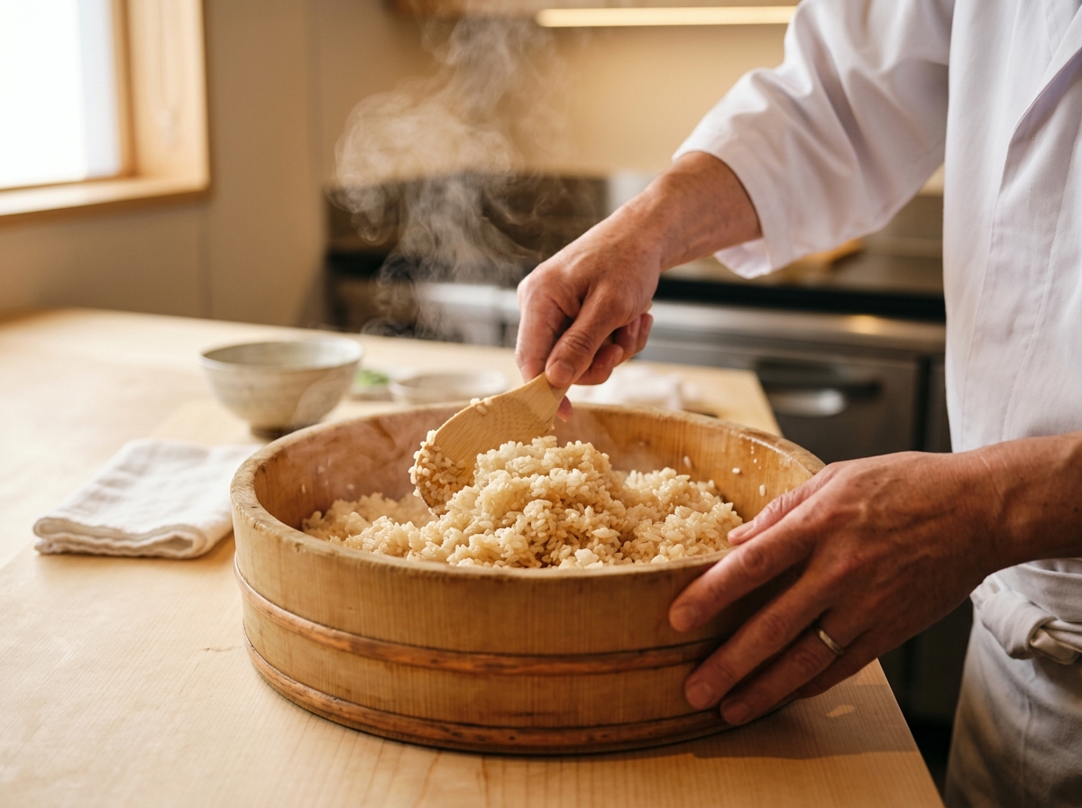 Chef preparando arroz para sushi (shari) em uma hangiri de madeira