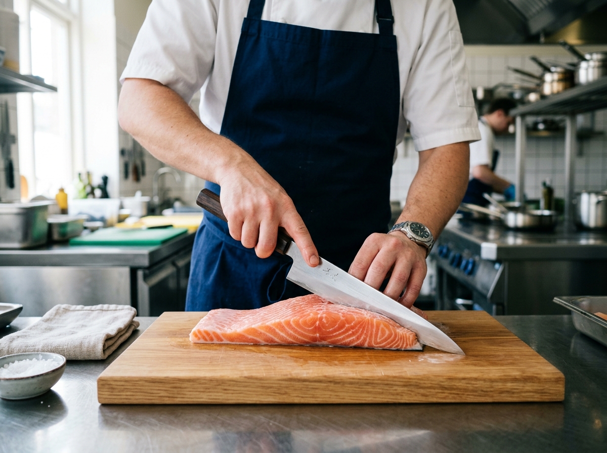 Chef cortando filé de salmão fresco com faca profissional