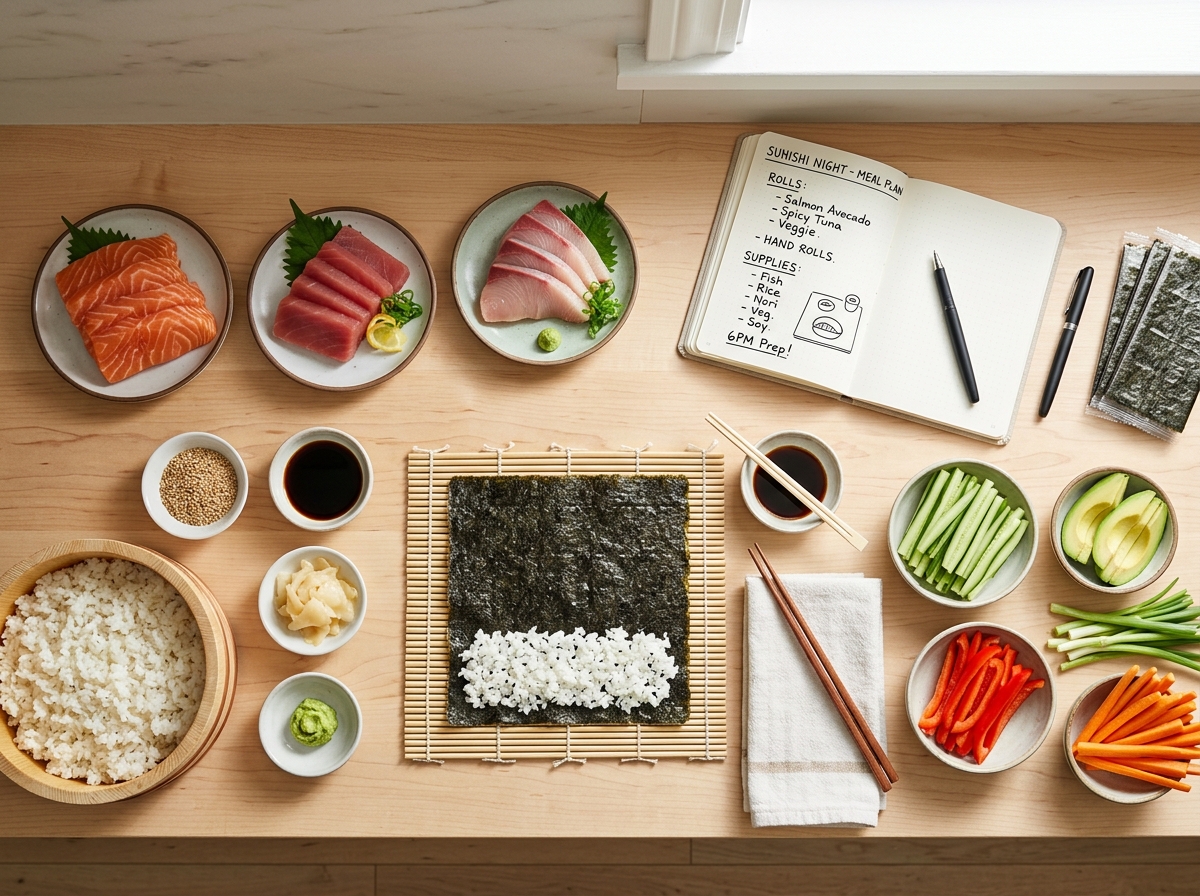 Ingredientes de sushi organizados com caderno de planejamento