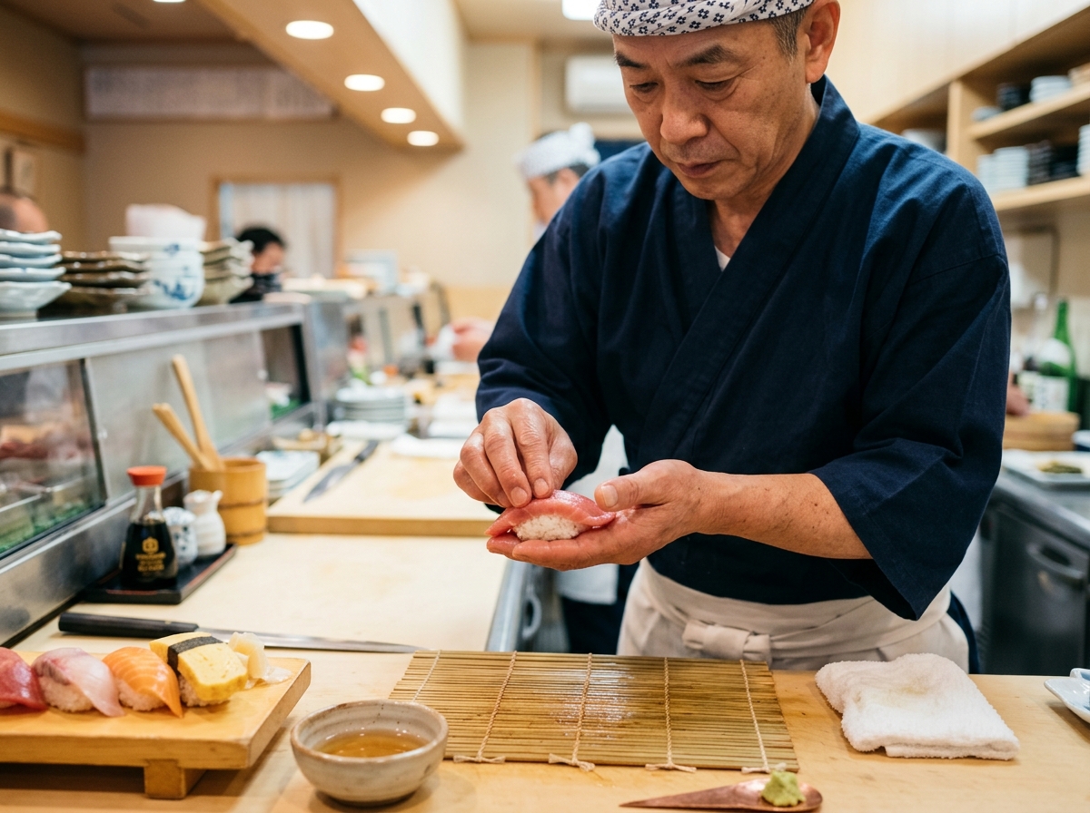 Sushi chef japonês moldando nigiri com técnica tradicional