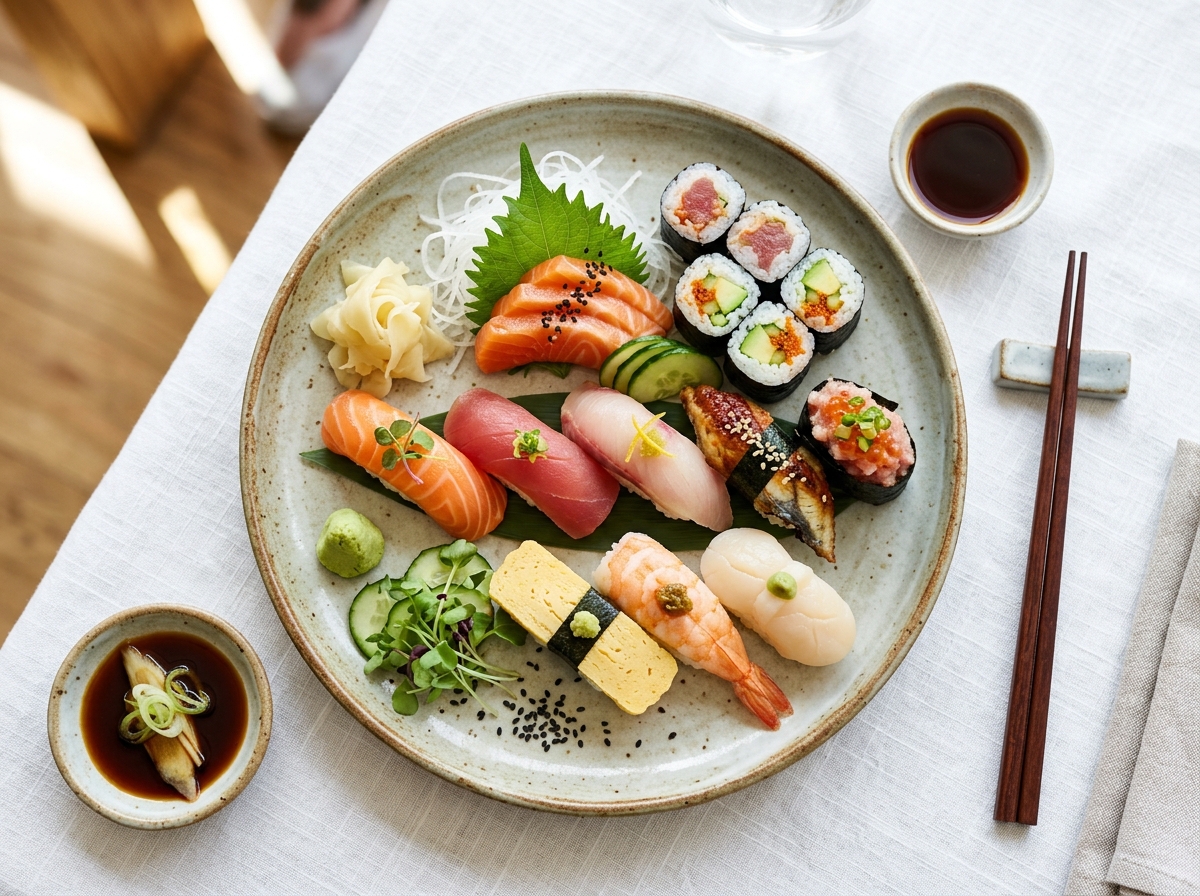 Prato de sushi profissional com variedade de peças elegantemente montadas