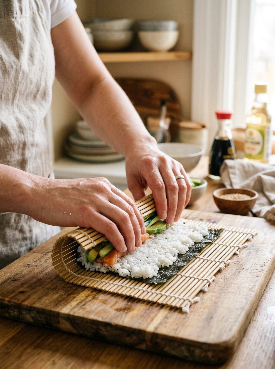 Pessoa preparando sushi em casa no makisu